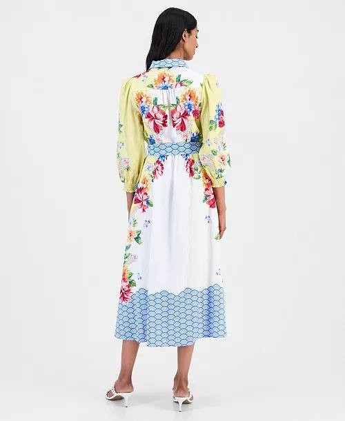 T Tahari Printed 3/4‑Sleeve Midi Shirt Dress 6 Porto Garden NWT $178