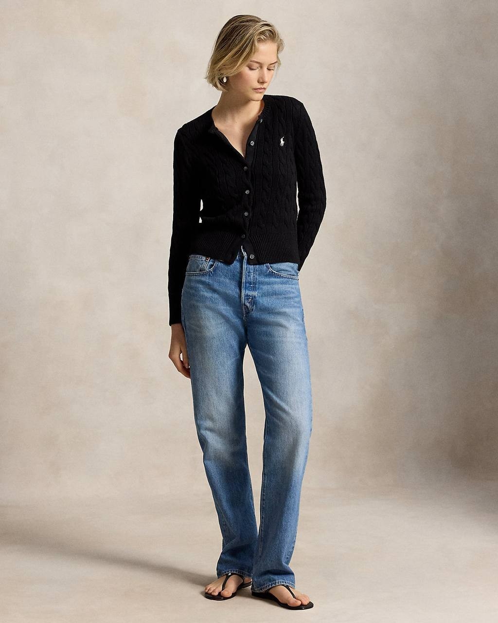 Polo Ralph Lauren Cable-Knit Cotton Crewneck Cardigan Black S NWT $228