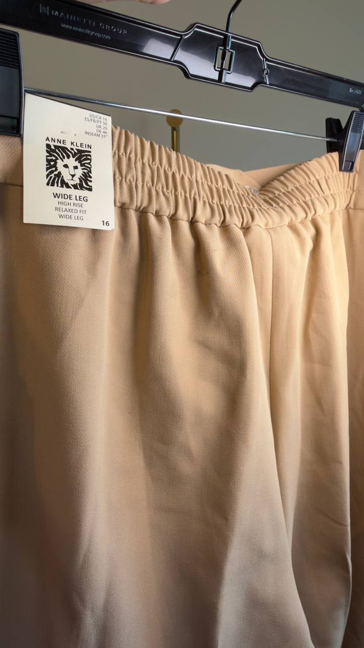 Anne Klein High-Rise Pleated Wide-Leg Twill Pants Beige 16 NWT $99