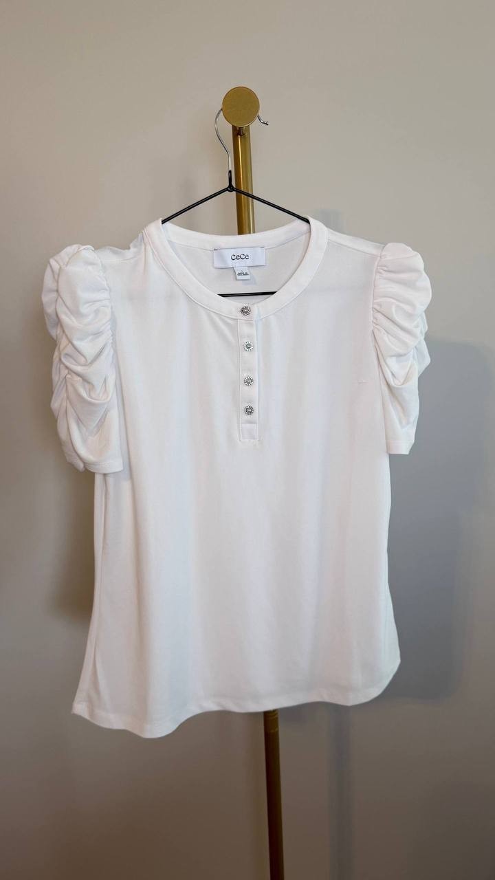 CeCe Shirred Sleeve Embellished ButtonTop New Ivory Crewneck SizeS NWOT$59 snags