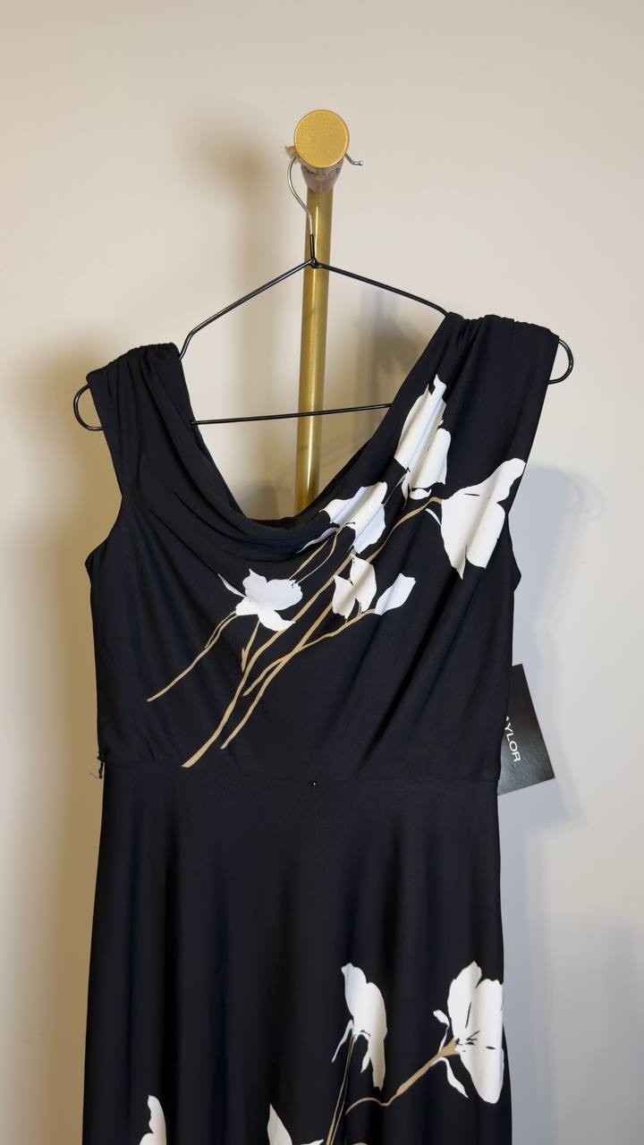 Taylor Women’s Belted Off‑The‑Shoulder Dress Black Floral 6 NWT $138