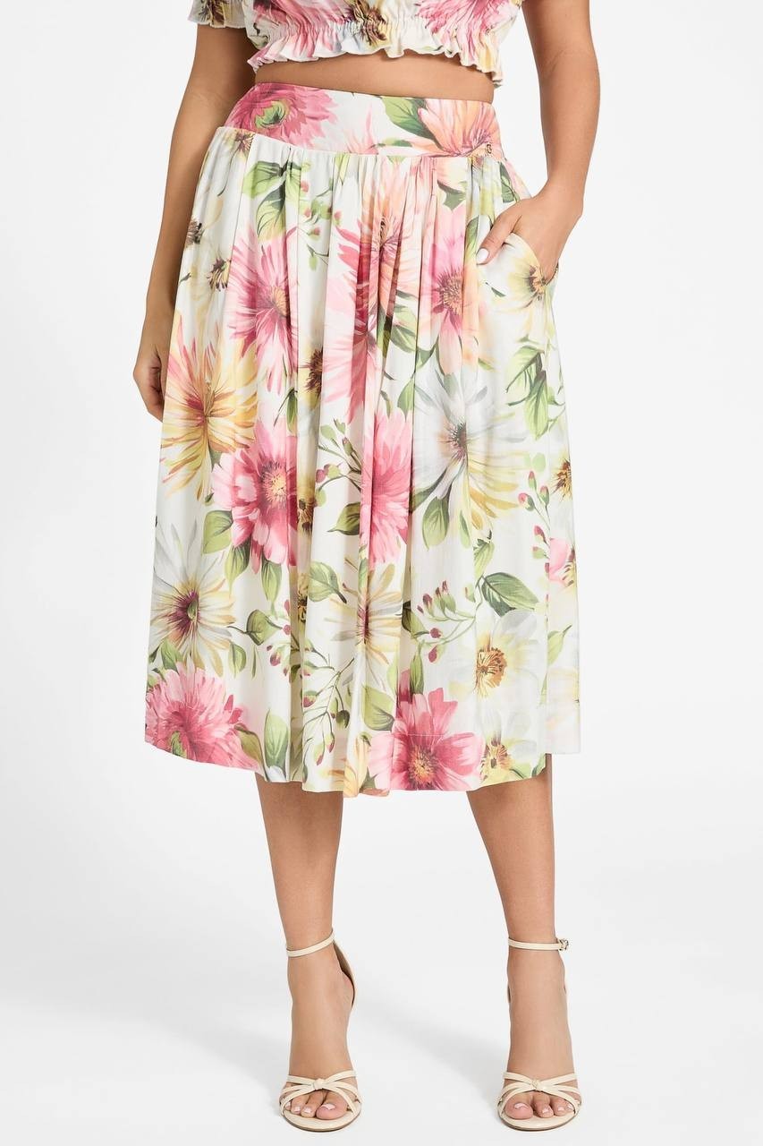Guess Eco Elodie Floral Midi Skirt Daisies Print White Yellow Size S NWT $118