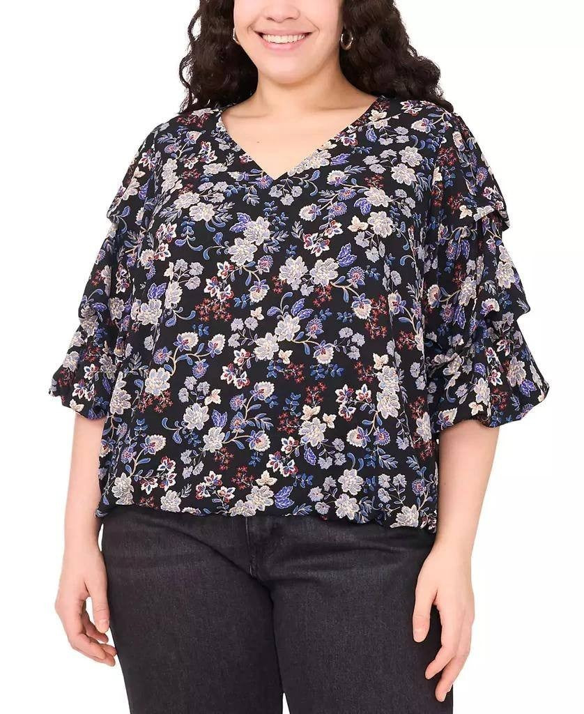 Vince Camuto Printed V‑Neck Bubble Sleeve Top French Blue $99 NWT