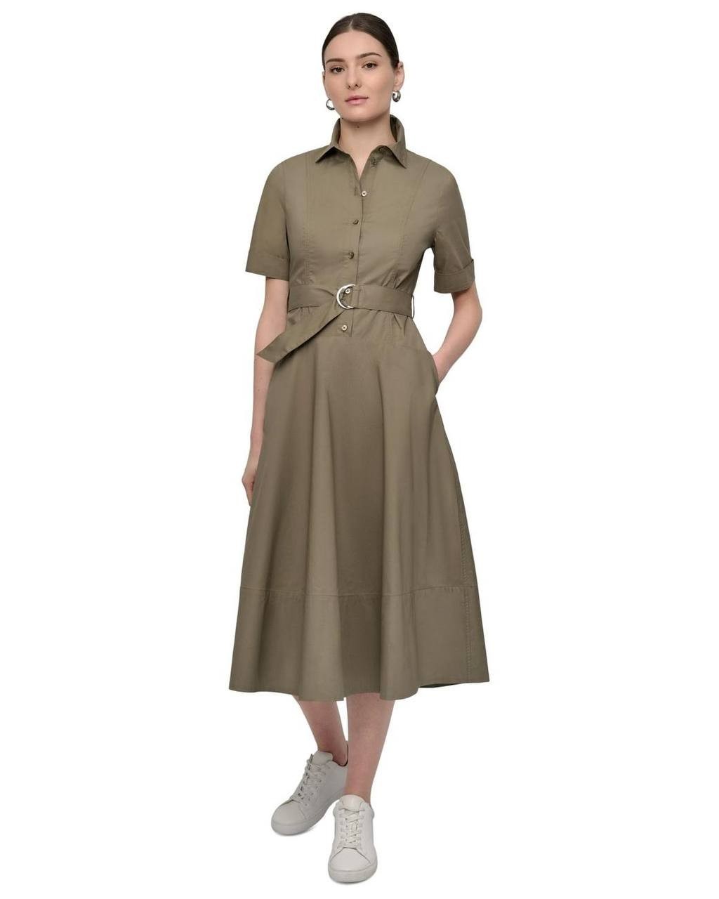 DKNY Dress L Green Button Front Brown Accent Utility Midi Shirt Style Cotton NWT