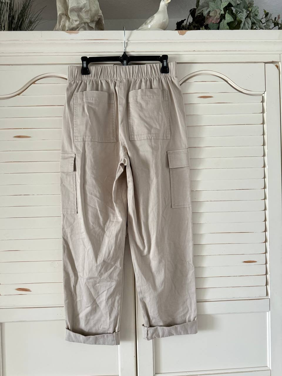 DKNY High-Rise Cargo Jogger Pants Women Pebble Beige Size L NWT Cotton New