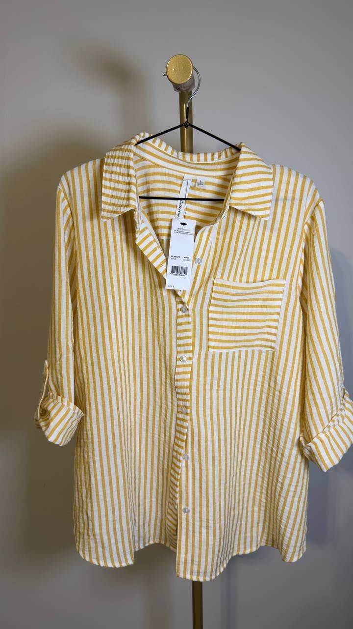 NY Collection 3/4‑Sleeve Roll Tab Button‑Front Top Yellow L NWT $46