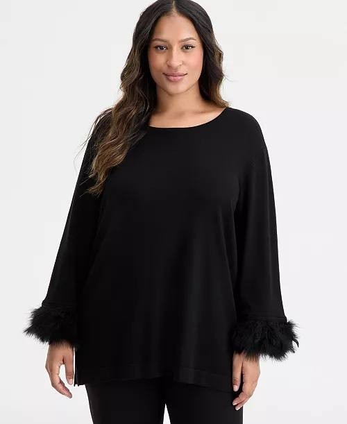 Anne Klein Crewneck Feather‑Trim Cuff Sweater Black L NWT $129