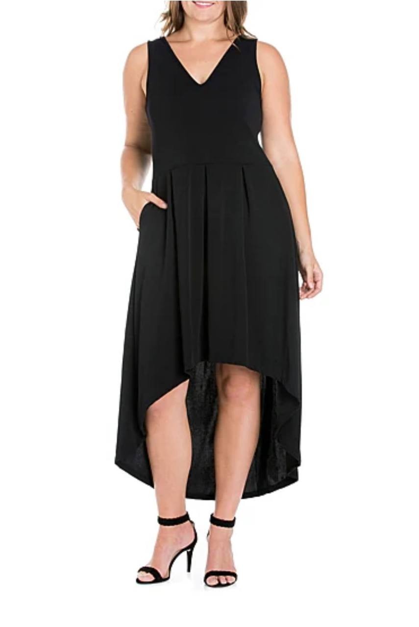 24seven Comfort Apparel Plus Midi V‑Neck Sleeveless A‑Line Dress Black 1X NWT