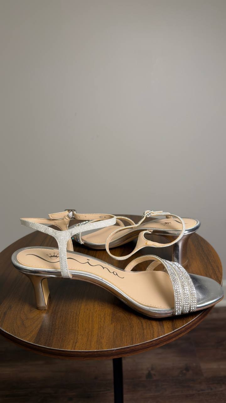 Nina  Bettany  Mid  Heel  Crystal  Straps  Dress  Sandals  Silver  8M  New  $89