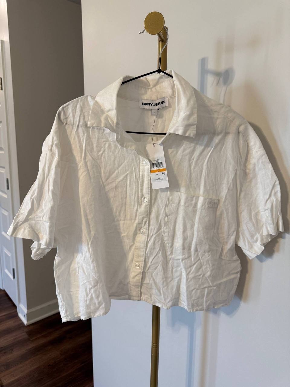 DKNY JEANS Linen‑Blend Relaxed Shirt Ivory Size S NWT Classic Button MSRP$79