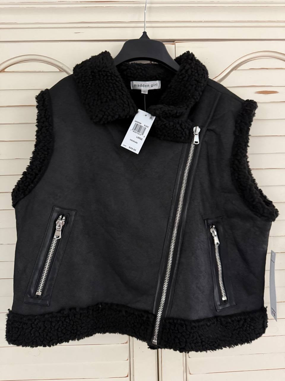 Madden Girl Faux Shearling Vest - Black, Sleeveless, Asym Zip, Women XS-XL