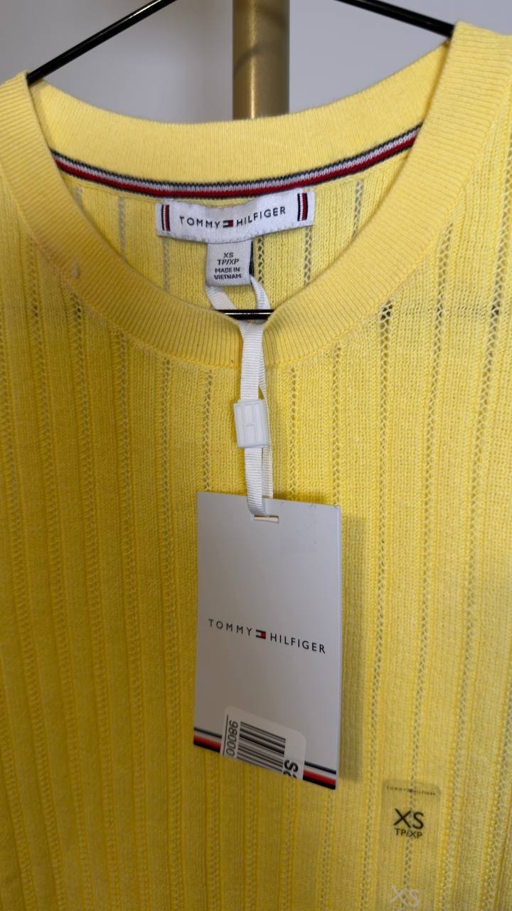 Tommy Hilfiger Women’s Pointelle Short‑Sleeve Sweater Yellow XS NWT $79.50