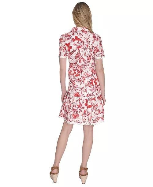 Eliza J Women’s Printed Button Front Cotton Dress Red White 10 $158 NWT