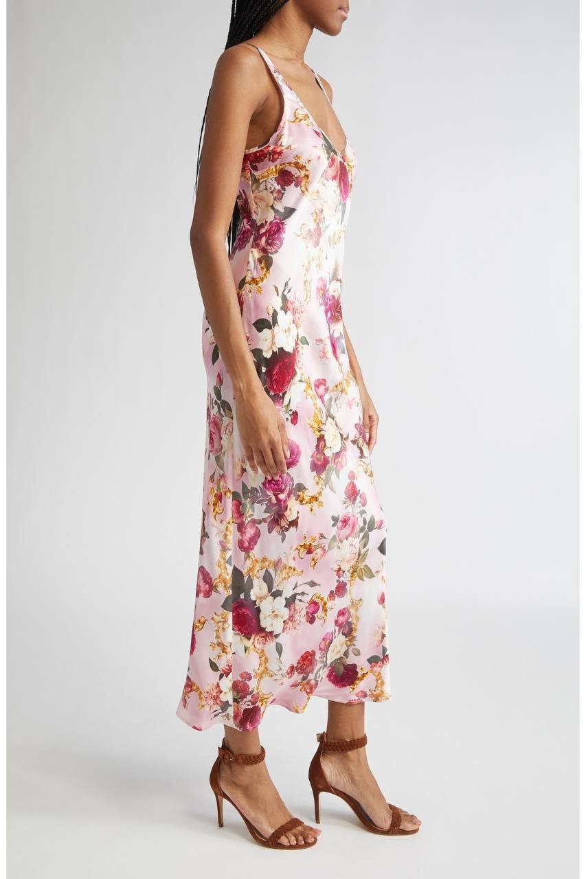 L’Agence Akiya  Satin Maxi Dress Floral Bougainvillea Size L NWT $425