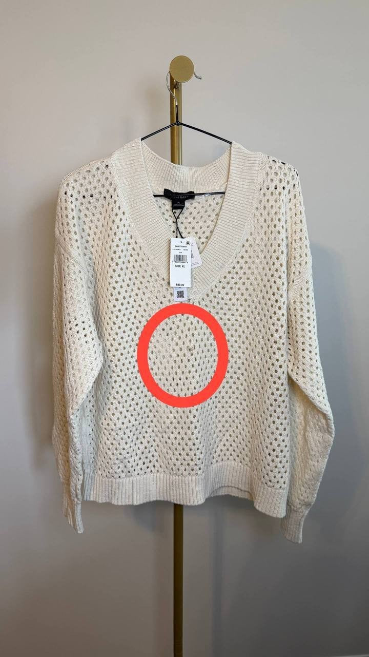 Sanctuary Women’s Airy Openwork Sweater White Macrame V‑Neck Size XL NWT damage