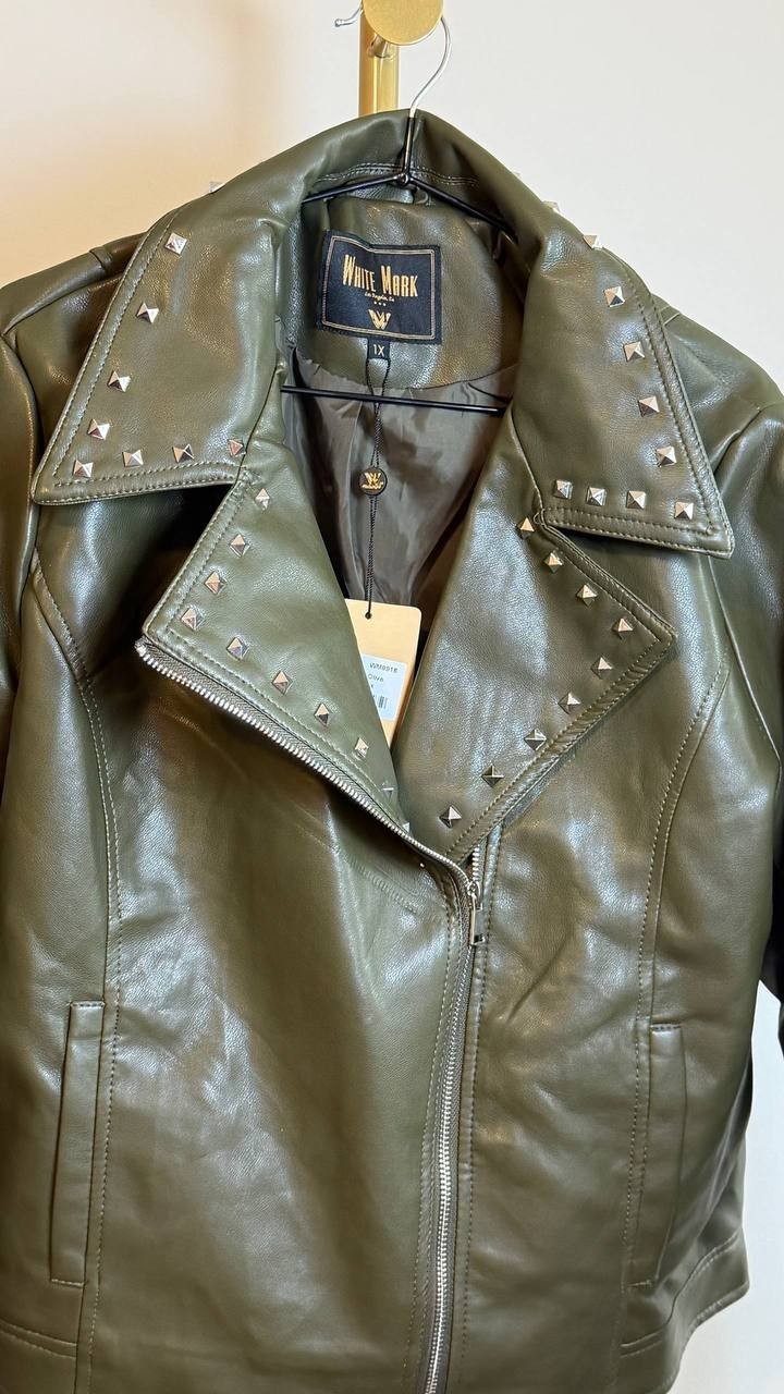 White Mark Women’s Studded Faux Leather Jacket, Size 1X, Color Olive, NWT