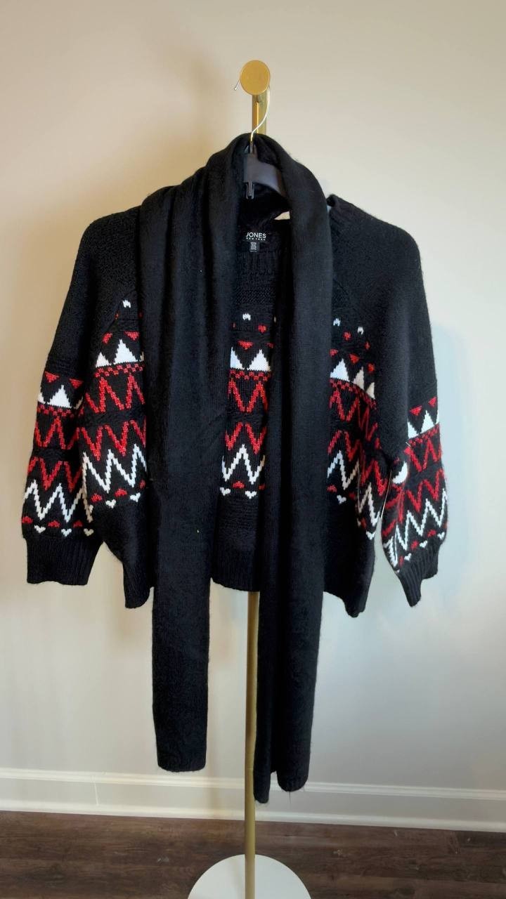 Jones New York Petite Fair Isle Sweater w/ Scarf Black Multi PXL NWOT $99.50