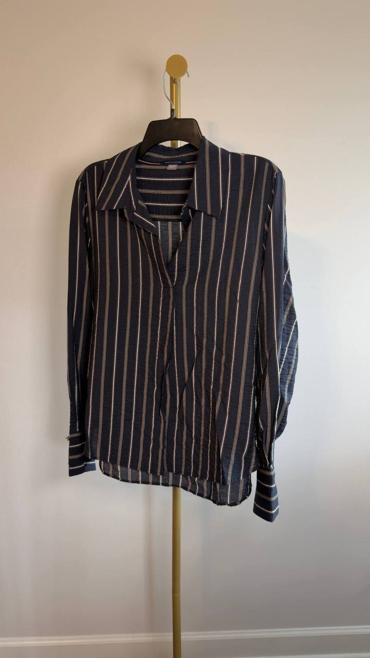 Tommy Hilfiger Striped Long‑Sleeve Popover Top Navy Multi L NWT $89