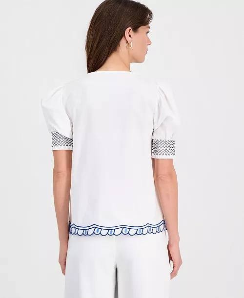 T Tahari Cotton Embroidered‑Trim Split‑Neck Top White Star XL NWT $88
