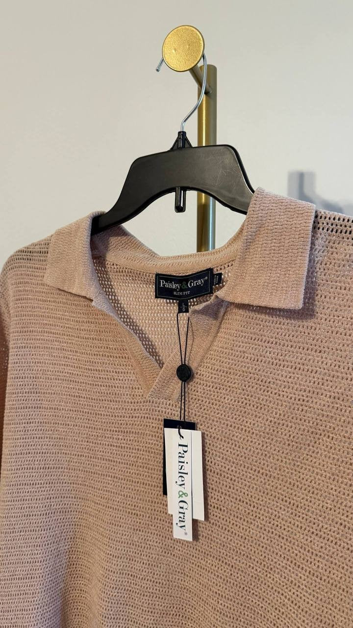 Paisley & Gray Men’s Open Knit Johnny Collar Polo Tan L/G $85 NWT