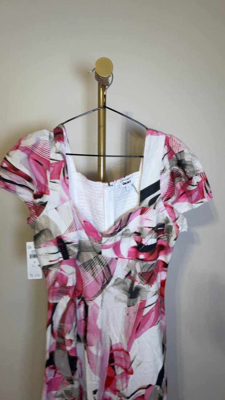 DKNY Women’s Puff Sleeve Asymmetrical Printed Dress Spring Wisteria 8 NWT $149