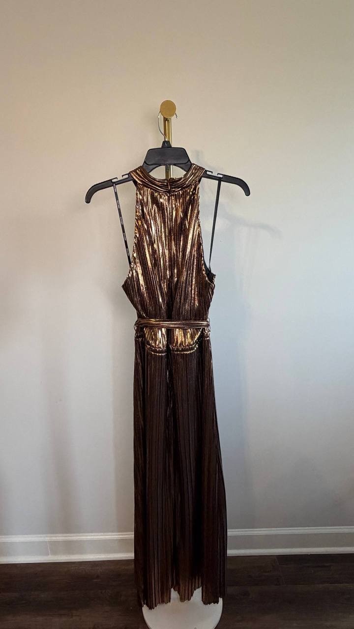 Anne Klein Metallic Mock‑Neck Halter Dress Bronze XL NWT $159