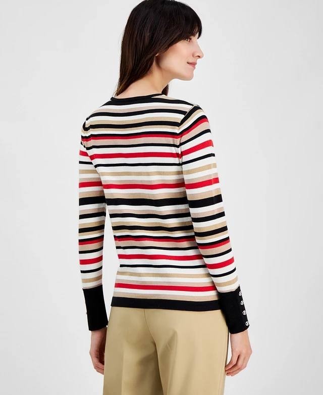 Anne Klein Striped Button‑Cuff Crewneck Sweater Multi XL NWT $99