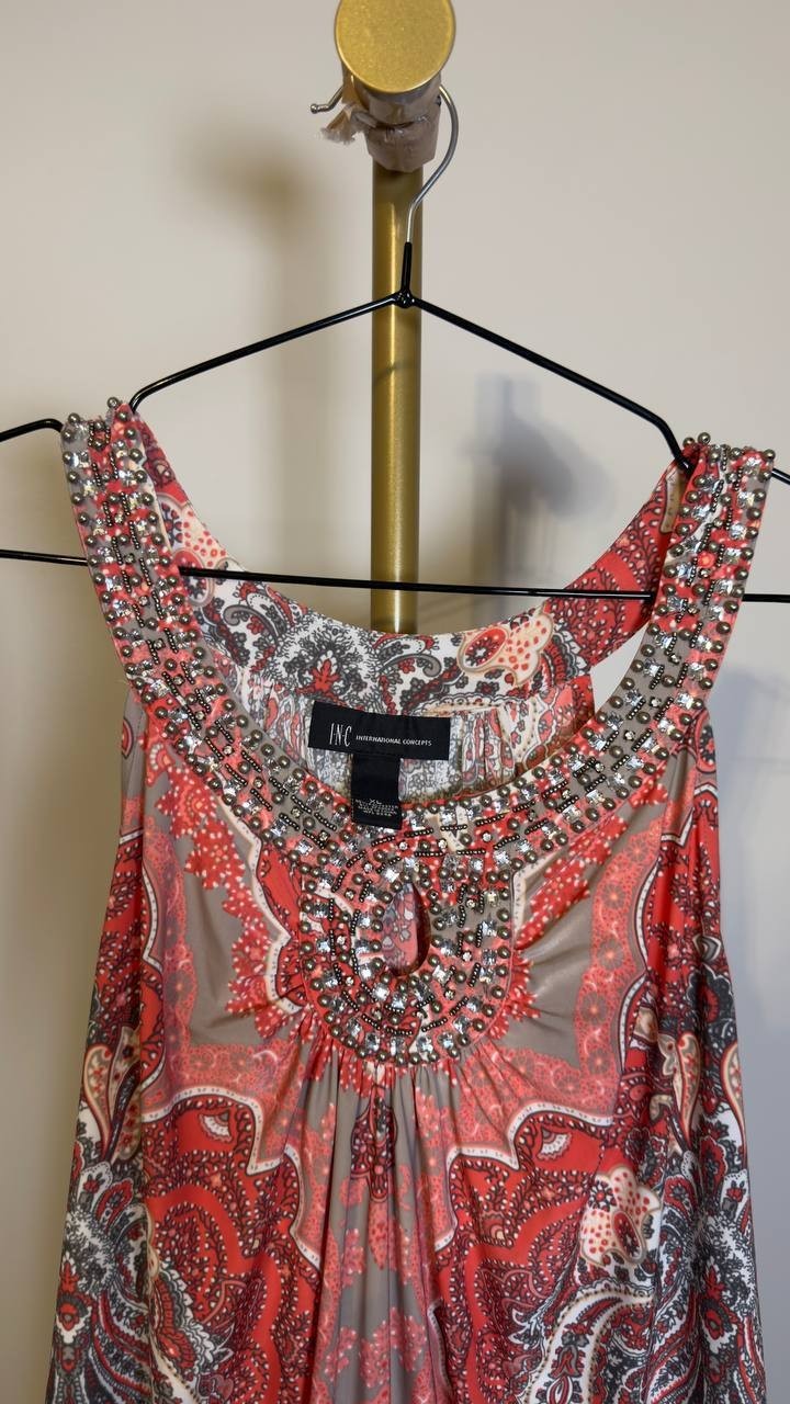 INC International Concepts Paisley Beaded Top Coral Multi XL NWOT $59.50