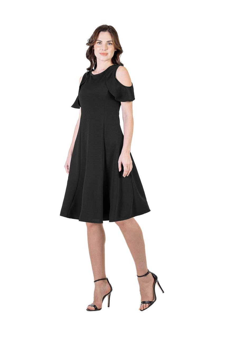 24seven Comfort Apparel Cold-Shoulder Ruffle A-Line Dress Black XL NWT $57