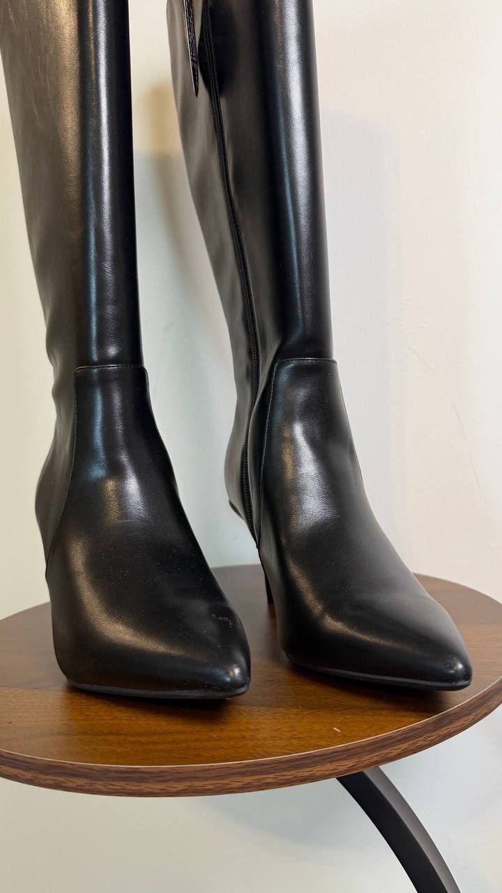 INC Mckennaa Boots 7W Black Beauty Pointy Toe Stiletto Knee‑High NIB msrp$99.90