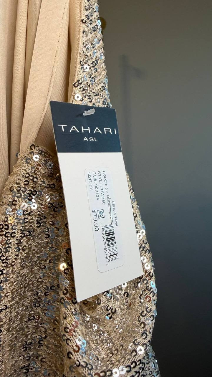 Tahari ASL Sequin Cowl Neck Camisole Nude Silver 2X NWT $79