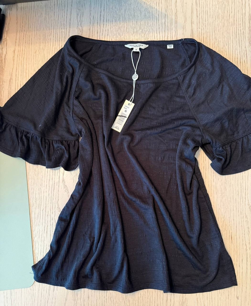 Max Studio Black Ruffle Sleeve Blouse - Square Neck, Women's M, Lightweight