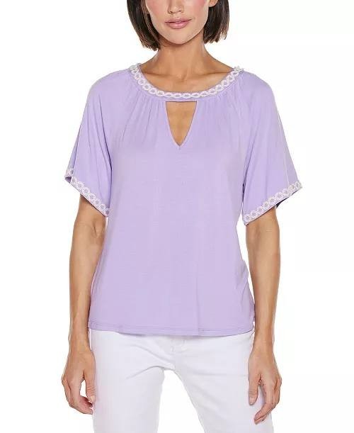 Belldini Knit Top Women's Light Amethyst L Crochet Trim Keyhole Neckline NWT