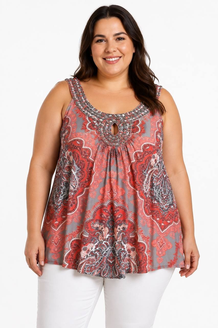 INC International Concepts Paisley Beaded Top Coral Multi XL NWOT $59.50