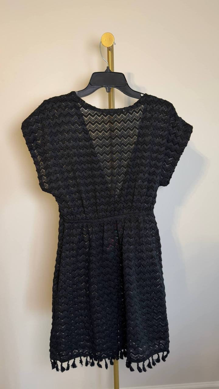 Miken Crochet Tassel Tie‑Front Kimono Cover‑Up Black S NWT $34