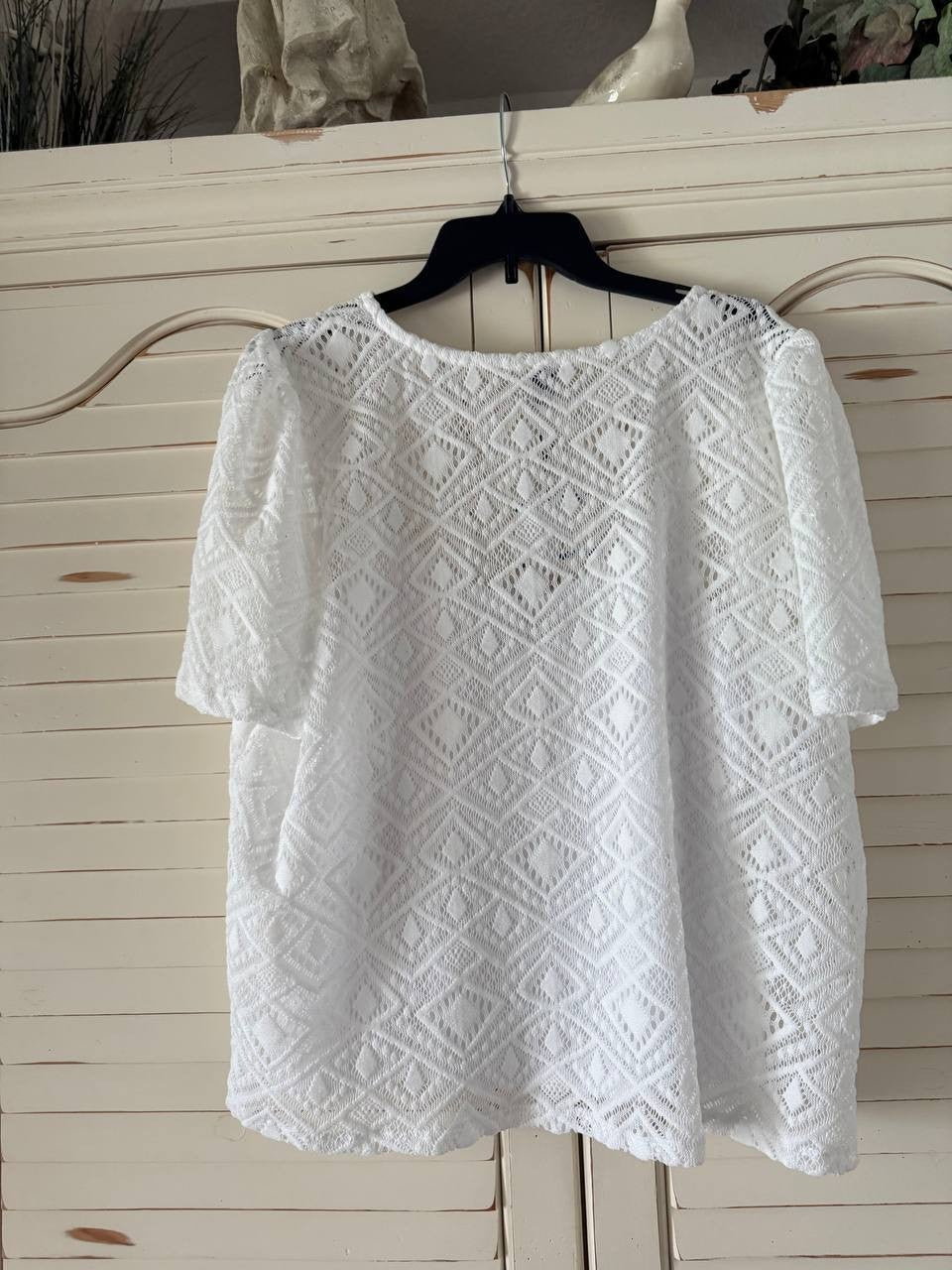 Anne Klein Lace Puff-Sleeve Top White XL Regular New With Tags Blouse NWT