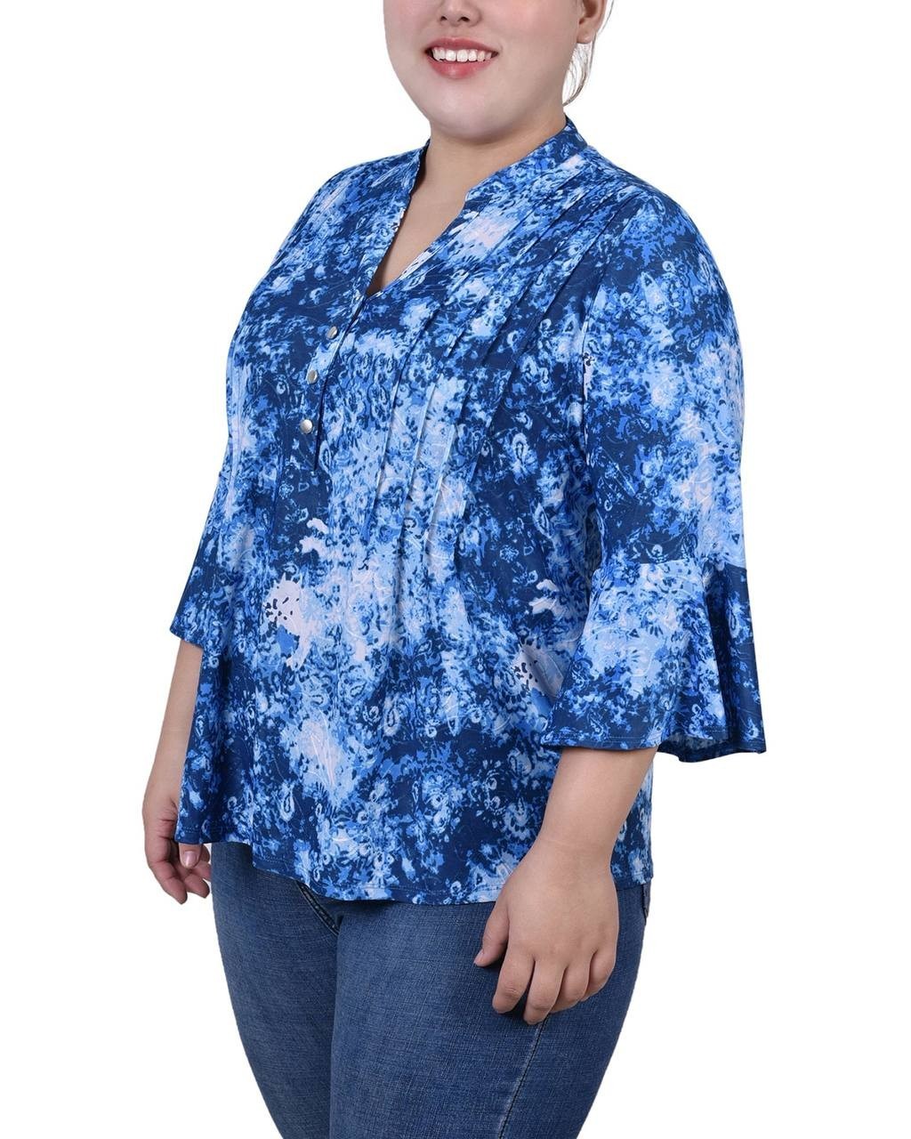 NY Collection Plus 3/4 Bell Sleeve Pleat Y‑Neck Top Blue Flower 1X NWT $35.99