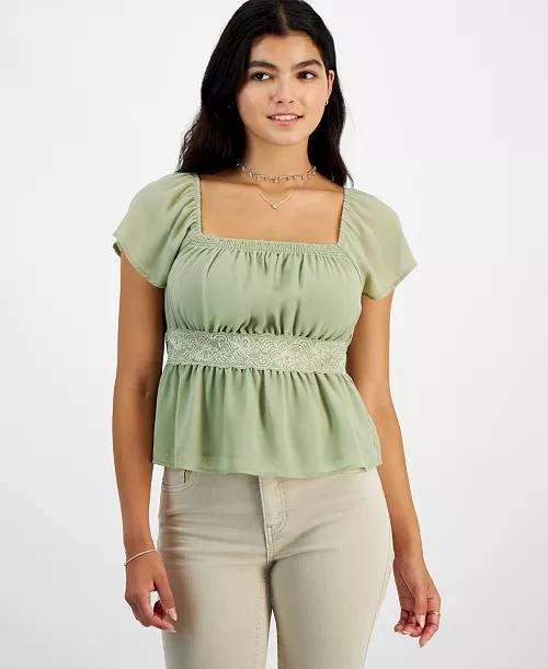 Celebrity Pink Green Lace Trim Flutter Sleeve Blouse - Juniors L, Casual