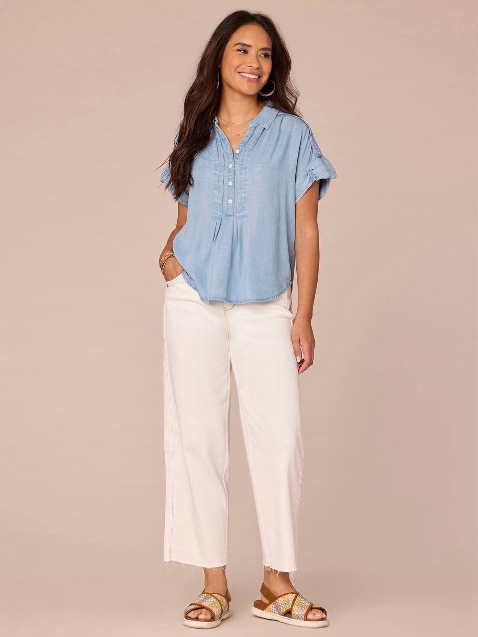 Democracy Ruched Short‑Sleeve Collar Button‑Down Pleated Petite Shirt – PXL –NWT