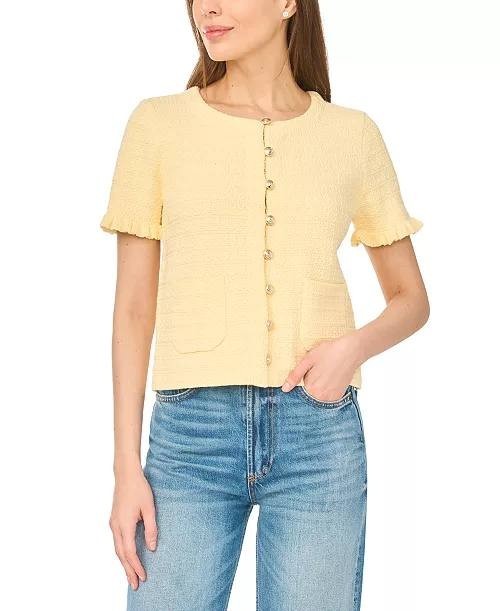 CeCe Crewneck Short‑Sleeve Cardigan Lemon Drop M NWT $79