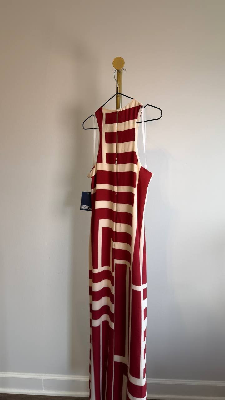 Donna Morgan Geo Print Maxi Dress Women’s Size 2 Cream Dark Red NWT $158