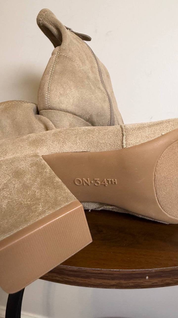 On•34th True Taupe Fabric Block Heel Booties 8M New in Box MSRP $99.90