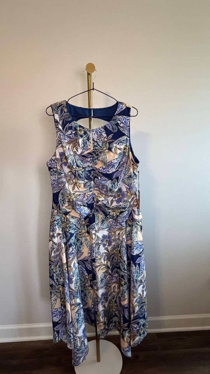 Vince Camuto Sleeveless Crew Neck Printed Fit & Flare Dress Blue 16 NWT $168