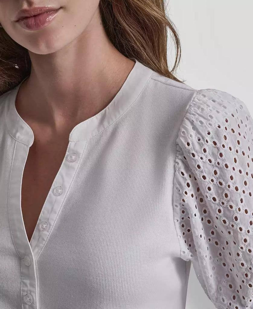 DKNY Jeans Petite Rib Body Eyelet V‑Neck Top White PXS NWT $59