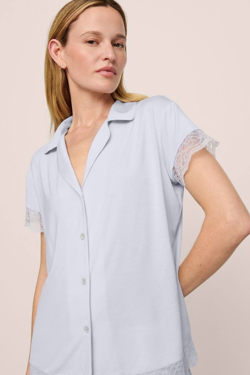 Eberjey Malou TENCEL™ Modal Button-Front Top with Lace Trim – Ice Blue, Size L
