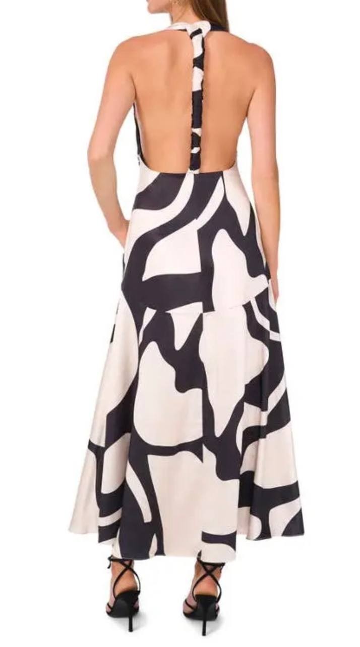 Parker Nia Abstract Print Plunge Halter Dress Open Back Multi Size14 NWT snags