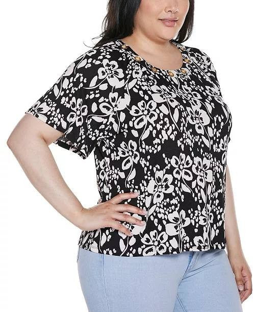Belldini Grommet Detail Floral Raglan Knit Top Black Combo L NWT $49