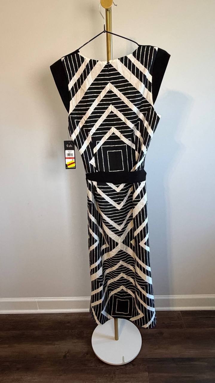 Karl Lagerfeld Paris Geo‑Print Belted V‑Neck Midi Dress Black/White XS NWT $159