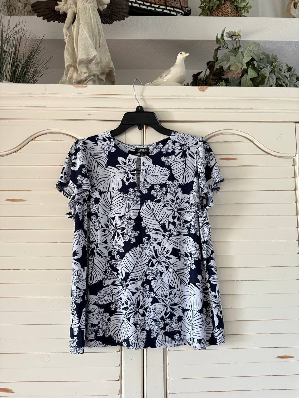 Jones New York Navy Floral Extended-Shoulder Pullover Top Petite PL NWT