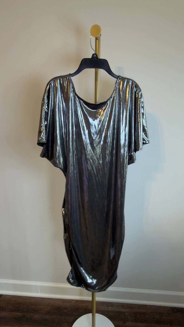 BOSS Orange Lamé Ruched Mini Dress Flutter Sleeves Grey L NWT $149